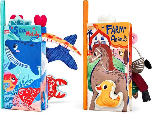 JoyCat 2-Pack Baby Cloth Books 0-6-12 Months - Farm & Ocean Infant Sensory Toys - Tummy Time Mirror & Montessori Developmental Learning - Valentine & Easter Basket Stuffers Gift Set