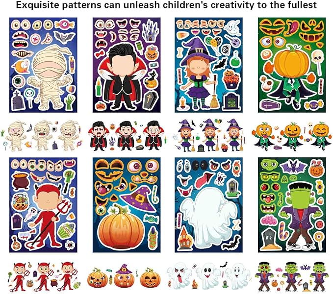 24 Sheets Halloween Stickers - Make Your Own Stickers for Kids, Make a Face Sticker, Halloween Party Favors Crafts Gift
