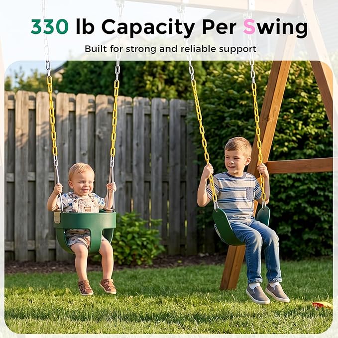 DECORLIFE Toddler Swing Set, High Back Full Bucket Swing with Heavy Duty Swing Seat Combo Pack, 330lb Capacity for Kids Adults, Plastic-Coated Chains and Quick-Snap Carabiners for Backyard, Playground