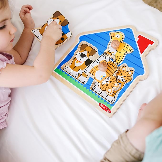 Melissa & Doug Wooden Jumbo Peg Puzzle 2-Pack – Fish Bowl, House Pets, 3-Piece for Toddlers Boys and Girls, Ages 1+ Years