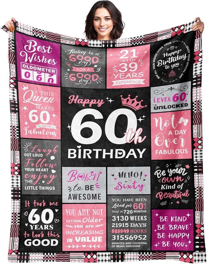 Happy 60th Birthday Gifts for Women, 60th Birthday Blanket for Women 50x60 | 60th Birthday Decorations for Women, 60 Year Old Birthday Gifts for Women, 1966 60Th Birthday Gift for Sister, Friend, Mom