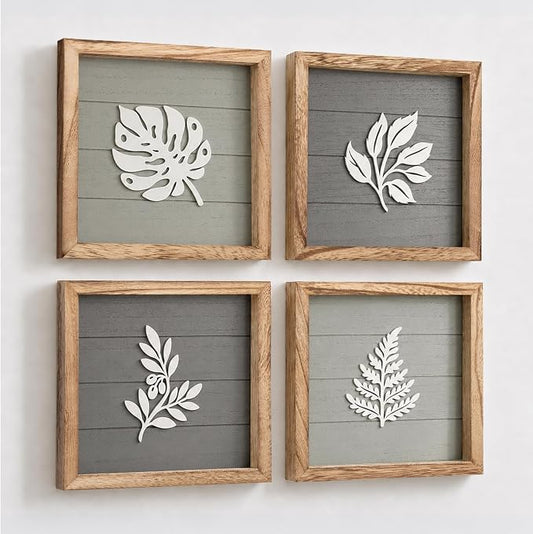 Tide and Tales Leaves of Meaning 3D Botanical Wall Art (Set of 4) Framed Boho Wall Art for Living Room, Bedroom & Bathroom, House Warming Gifts for New Home, Leaf Farmhouse Home Decor 10"x10"