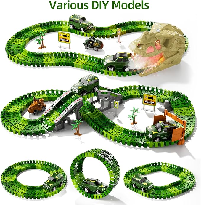 iHaHa 249 PCS Dinosaur Toys Race Car Track, Toys for Kids Toddler Boys Ages 2-4 3-5 4-6, Kids Race Tracks with Light, Sound & Spray, Birthday Dinosaur Gifts for 2 3 4 5 Year Old Boys