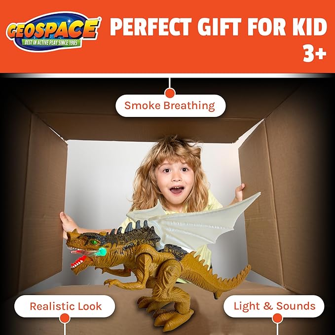 Geospace New Dragon Walking Dinosaur Toy – Smoke Breathing Fire Dragon Toy for Kids 3 & up, Walking Dinosaur Toys with Lights, Roaring Sound, Dragons Action Figure, Dragons for Gift (Bull Dragon)