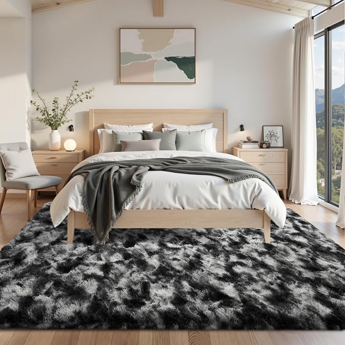 Area Rugs for Living Room 8x10Ft, Soft Fluffy Shagg Plush Bedroom Rug Non-Slip,Large Carpet for Nursery Kids Dorm Home Decor, Black