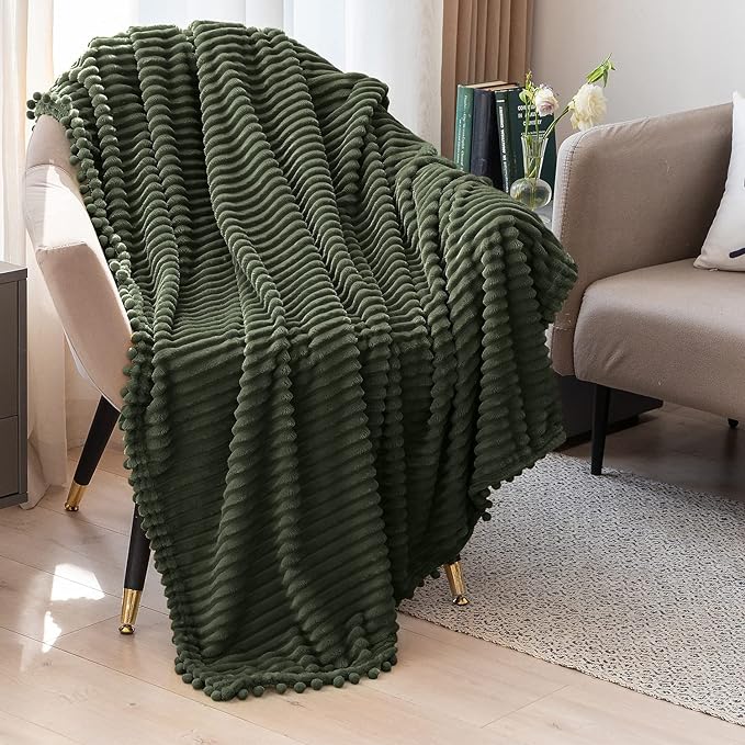 DISSA Fleece Blanket Twin Size – 60x80, Olive Green – Soft, Plush, Fluffy, Fuzzy, Warm, Cozy – Perfect Throw for Couch, Bed, Sofa - with Pompom Fringe - Flannel Blanket Throw Blanket
