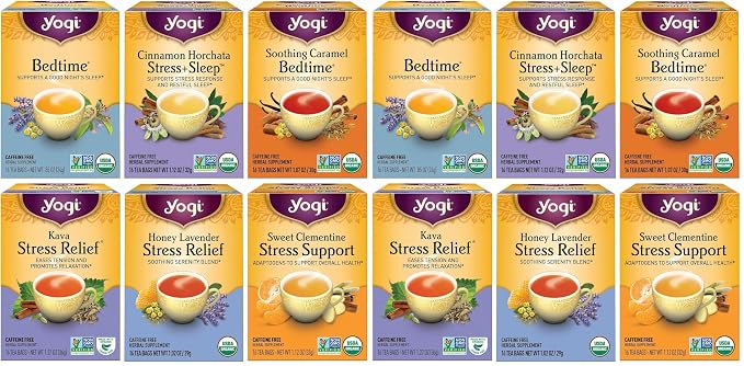 Yogi Tea Stress Relief & Herbal Tea Variety Pack - 16 Bags per Pack (12 Packs) - Organic Herbal Sampler - Includes Bedtime, Kava Stress Relief, Soothing Caramel Bedtime & More