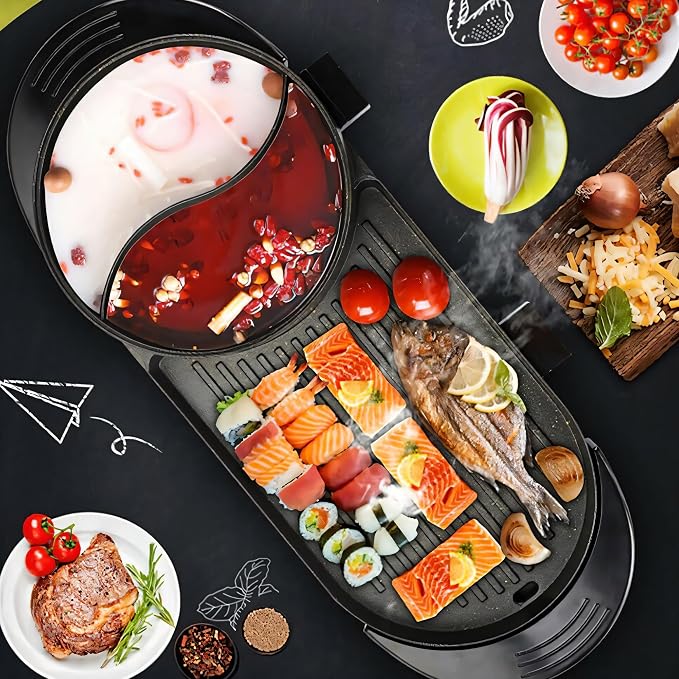 Electric Hot Pot Grill Combo 1500W Black | 2-in-1 Korean BBQ Shabu Shabu Cooker with Yin-Yang Divider, Large Capacity Separate Temp Control for Family Gatherings Indoor