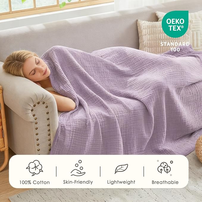 EMME Cotton Muslin Queen Blanket Bed Layering Bedspread Coverlet Breathable Gauze Soft Lightweight Adults (Heather Lavender, 90"x90")
