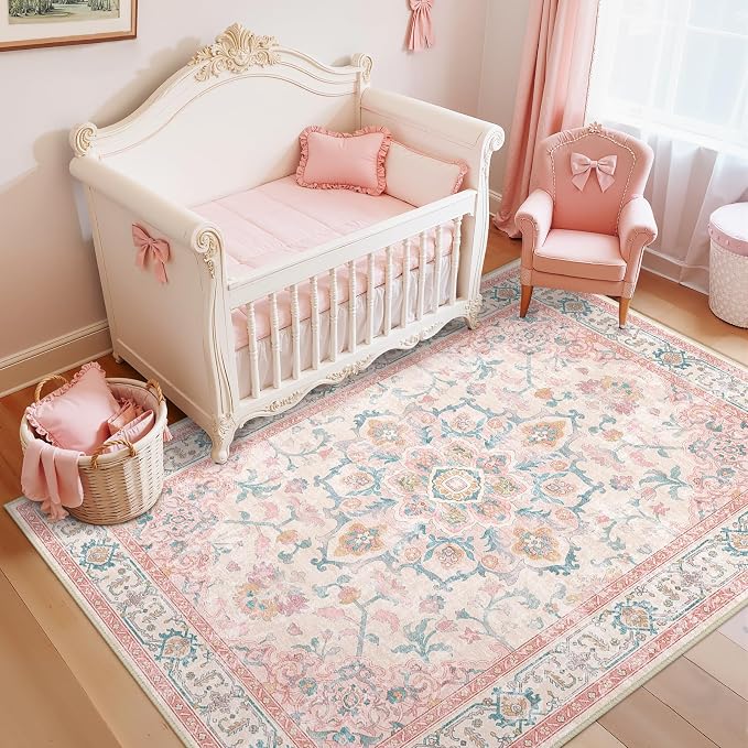 CAPALOCA 3x5 Washable Nursery Girls Low Pile Area Rug Pink Teal | Non-Slip Soft Rugs for Bedroom Kids Playroom Living Room, Print Pattern Water Repellent Carpet Indoor Decor