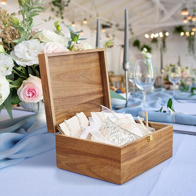 DRASTAR Wooden Keepsake Box, Large Acacia Storage Memory Box with a Hinged Lid for Crafts and Photo Storage