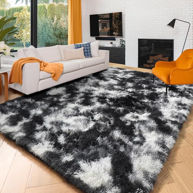 Amdrebio Black White Grey Fluffy Area Rug 5x8 for Living Room Boys Bedroom | Fuzzy Furry Plush Shag Cool Carpet, Classroom Dorm Men Cave Office Playroom Decor, Gothic Aesthetic, Teen Baby Kids Corner
