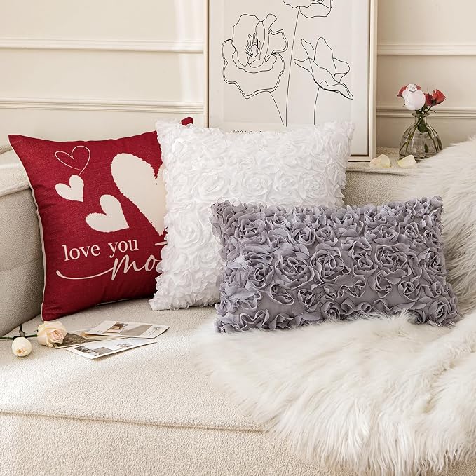 MIULEE Decorative Rose Flower Pillow Cover Pack of 1 Grey 16x16 Inch | Cute Romantic Stereo Chiffon Throw Pillow Cover Aesthetic Solid Pillowcase for Girl Coquette Room Decor Coach Bedroom