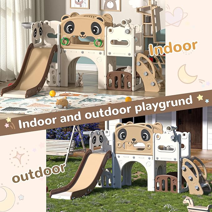 NYEEKOY 9-in-1 Toddler Slide and Climber Set Indoor Outdoor Slide Playset for Kids Age 1-8, Freestanding Backyard Playground with RNG Toss, Basketball Hoop,Telescope, Storage Space