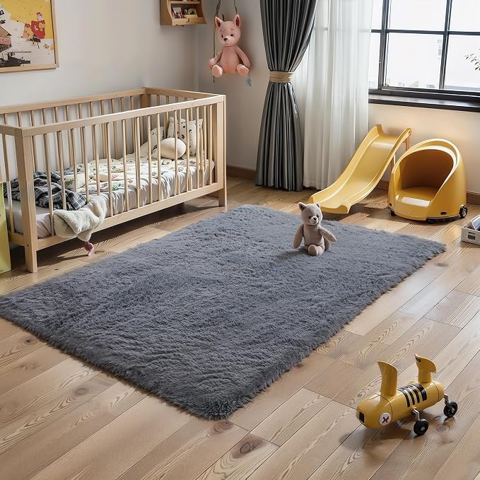 4x6 Grey Fluffy Shag Rug for Bedroom, Plush Washable Carpet | Area Rug for Living Room, Kids Nursery, Boys Dorm Room, Non Slip Shaggy Floor Carpet