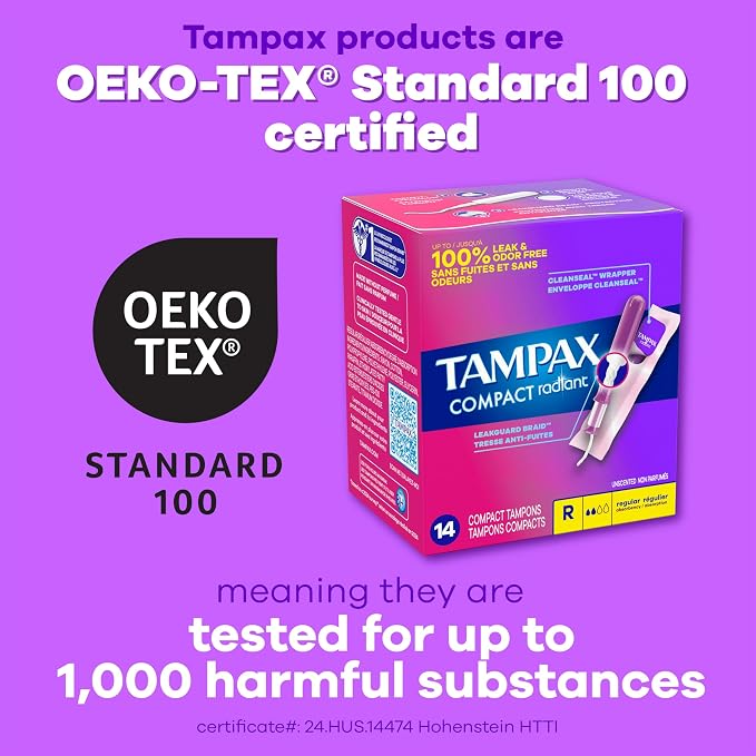Tampax Compact Radiant Tampons for Women Multipack, with LeakGuard Braid & Extendable Applicator, Regular/Super Absorbency, Unscented, 84 Count (Pack of 2)