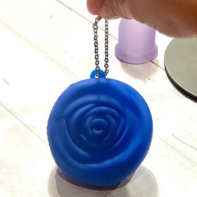 Adorable Pink Peri - Menstrual Period Cup Case Storage Bag | Rose Design + Silicon Material | Easy to Carry, Clean, and use | Metal Chain Attached | Multi-use for Any Small Items - Blue