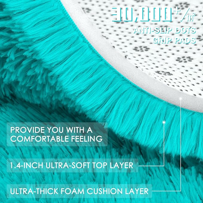 OLANLY 3x5 Machine Washable Small Bedside Rug, Soft Fluffy Shaggy Rugs for Living Room, Bedroom, Indoor Floor Carpet for Kids Girls and Boys, Preppy Dorms, Nursery, Home Decor Aesthetic, Teal Blue