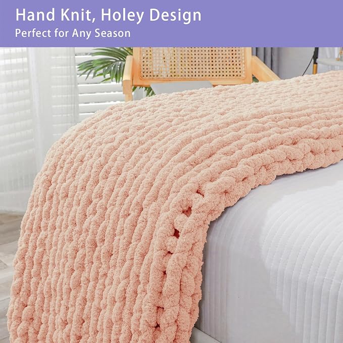 Bigacogo Chunky Knit Throw Blanket for Couch, 40x80 inches, Peach Fuzz | Hand Knit with Jumbo Chenille, Soft Breathable Cable Knit for Sofa Bed Living Room, Machine Washable, Gift for Mom Friend