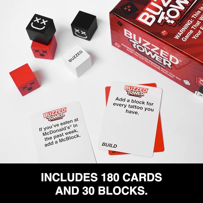 WHAT DO YOU MEME? Buzzed Tower: The Stack-and-Sip Drinking Card Game for Adults – Includes 30 Blocks, 80 Cards, and Big Laughs for Parties, Game Night, and Epic Bachelor Party Celebrations