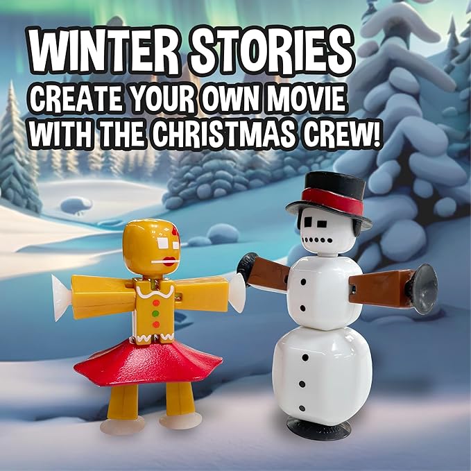 Zing StikBot Christmas Crew Pack - Includes 7 StikBots and 1 Set of Accessories, New Christmas Themed Stop Motion Animation Toy Set