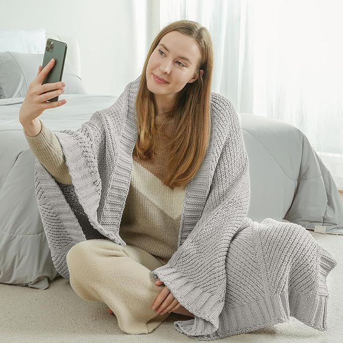 Knit Throw Blanket, Soft Chenille Cozy Breathable Chevron Chunky Decorative Blanket for Couch, Bed & Sofa, French-Inspired Lightweight Warm Gift for Women, Light Gray, 60"x80"