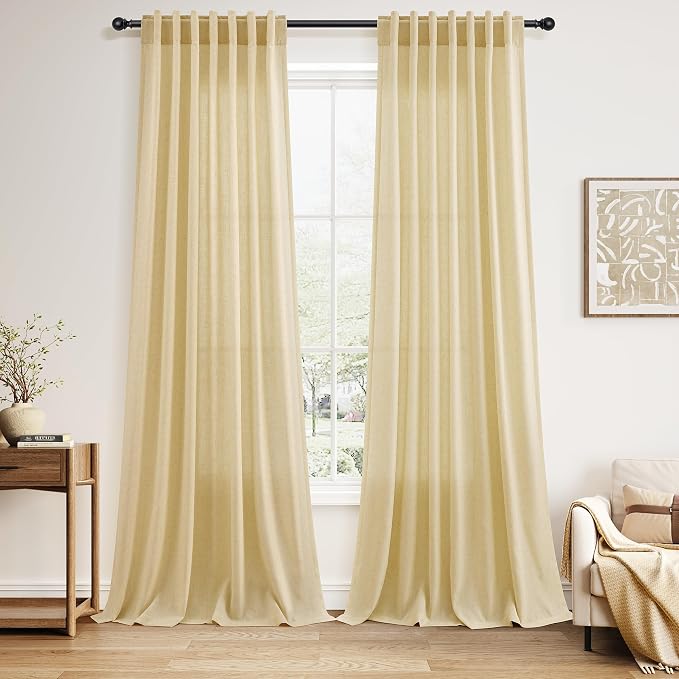 Nanspring Extra Long 120 Inch Curtains for Living Room Cream Yellow Linen Modern Farmhouse Privacy Sheer Curtains Back Tab and Rod Pocket Floor to Ceiling Curtain for Bedroom Office 52x120, 2 Panels