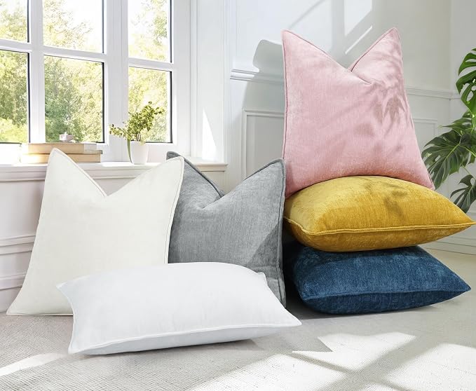 decorUhome Chenille Blush Pink Velvet Throw Pillow Covers 22x22 Set of 2 | Fall Soft Euro Sham Couch Decorative Modern Farmhouse Pillow Cases with Elegant Design for Sofa Bed Living Room Home Decor