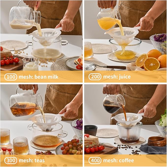 3-Piece Mesh Strainer Set with Handles & Hanging Loops, 100/200/300 Mesh, Nylon & Plastic Sieve for Tea, Coffee, Nut Milk, Juice, Broth, Smoothies, Reusable & Easy to Clean,Durable,Dishwarer Safe