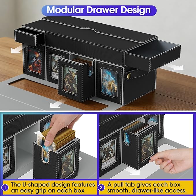 Cortile Commander Deck Box for MTG, 10 IN 1 Card Deck Box with 8-Deck Modular Card Case and 2 Dice Trays Holds 1040+ Double-sleeved Cards, Removable MTG Deck Box with Handle for TCG/EDH, Black Grey