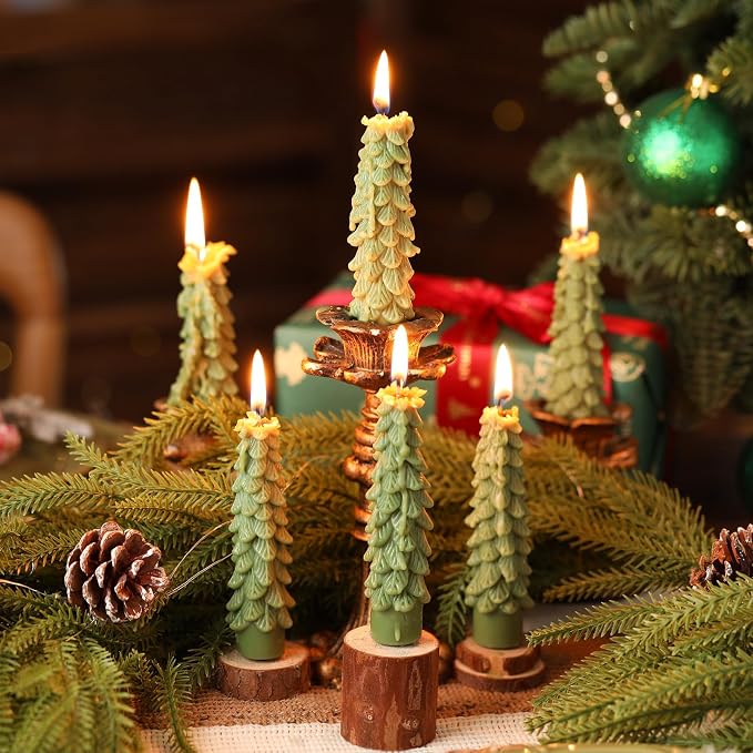 Conelist 6 Pcs Christmas Tree Candles Christmas Tree Shaped Taper Candles Decorative Xmas Wax Scented Candlesticks for Xmas Eve Winter Holiday Home Table Decoration Gift(Light Green,5 Inch Style)