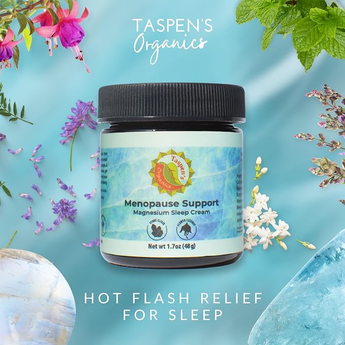Taspen's Organics Menopause Support Magnesium Sleep Cream – Natural Cooling Relief for Hot Flashes & Night Sweats | Promotes Relaxation & Sleep | Flower Essence & Botanical Formula (1.7 oz)
