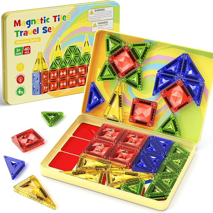 Mini Magnetic Tiles for Kids Ages 4-8, 40PCS Portable Travel Toys with Visual Storage Guide & Metal Storage Box, Compact Magnetic Building Blocks for Toddlers 3-5 Travel Activities
