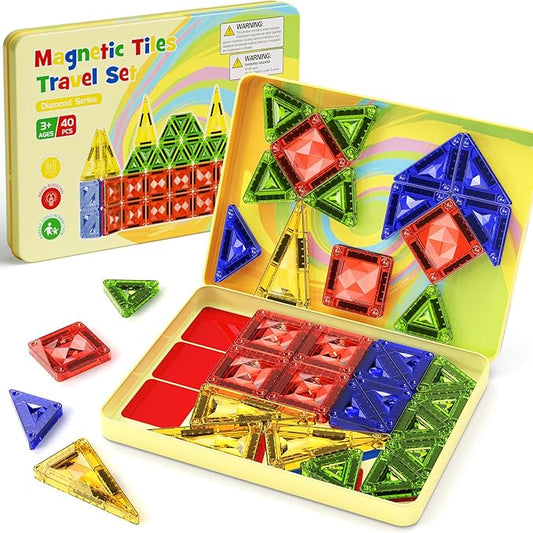 Mini Magnetic Tiles for Kids Ages 4-8, 40PCS Portable Travel Toys with Visual Storage Guide & Metal Storage Box, Compact Magnetic Building Blocks for Toddlers 3-5 Travel Activities