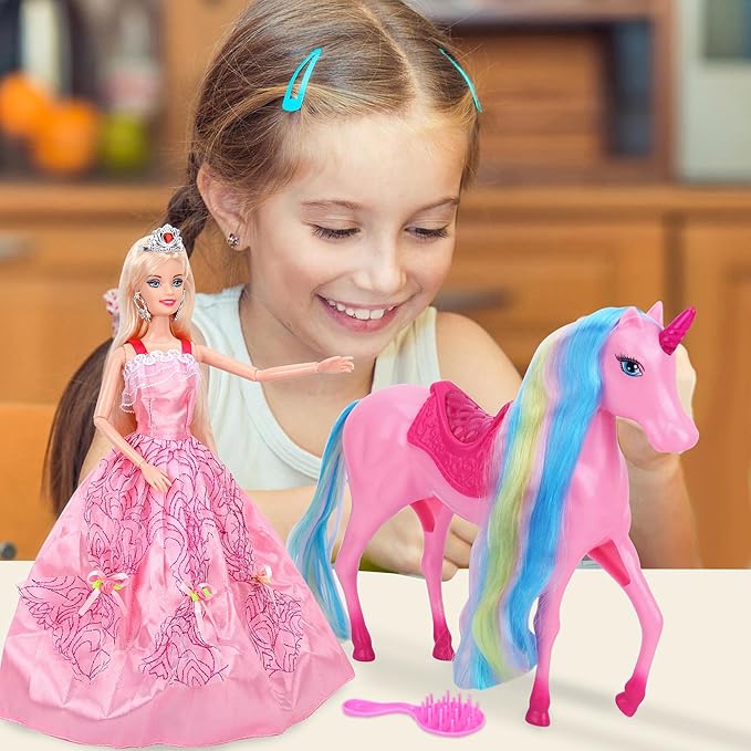 BETTINA Unicorn Princess Dolls Set, Magical Light Unicorn Toys for Girls, Horse Toys with Mane and Tail, Princess Toy, Unicorn Gifts for Girls Kids Aged 3 4 5 6 7 8
