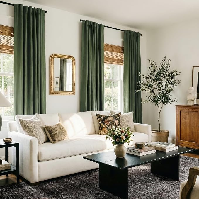100% Blackout Shield Linen Blackout Curtains for Bedroom 108 Inches Long, Back Tab/Rod Pocket Living Room Drapes, Thermal Insulated Blackout Curtains 2 Panels Set, 50" W x 108" L, Moss Green