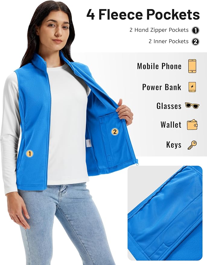TACVASEN Women's Fleece Vest Lightweight Sleeveless Zip Jacket Outerwear | Soft Polar,Zipper Pockets,Stand Collar,Fall Winter Warm,Outdoor,Athletic,Running,Hiking,Travelling,Golf,Work