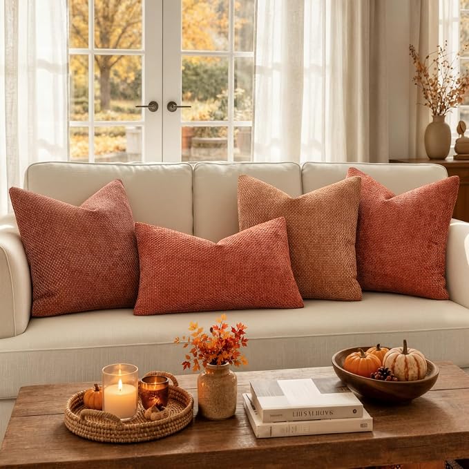 MIULEE Fall Decorative Couch Throw Pillow Covers 20x20 Burnt Orange 2 Pack | Modern Boho Accent, Soft Chenille Pillow Covers, Farmhouse Cushion Cases for Home Decor Bed Sofa Living Room
