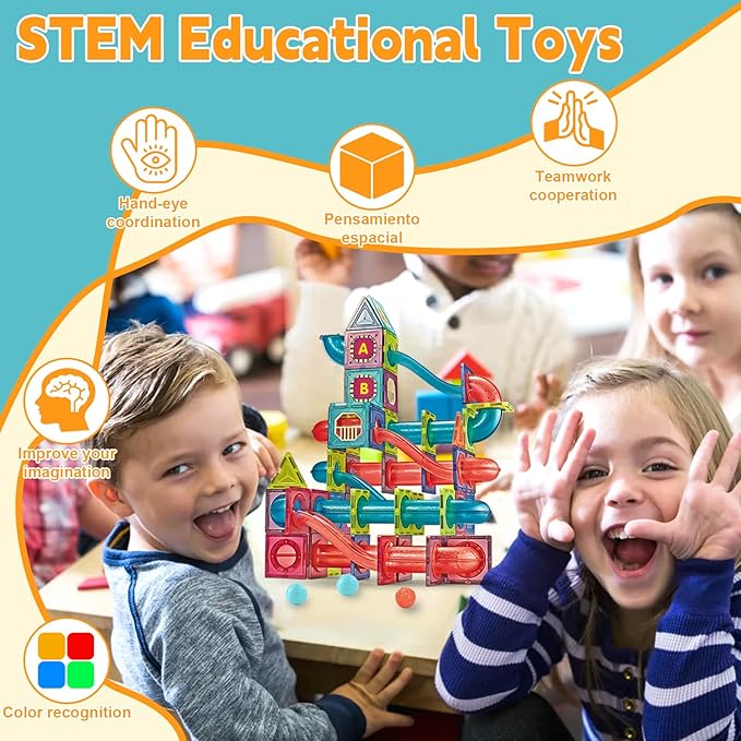 Magnetic Tiles, Funnydin 145PCS Magnetic Tiles Marble Run, Magnetic Building Blocks Set for Kids Ages 3+, Magnet Marble Race Track Toys, STEM Educational Toys Gifts for Boys Girls 5 6 7 8 9+ Years Old