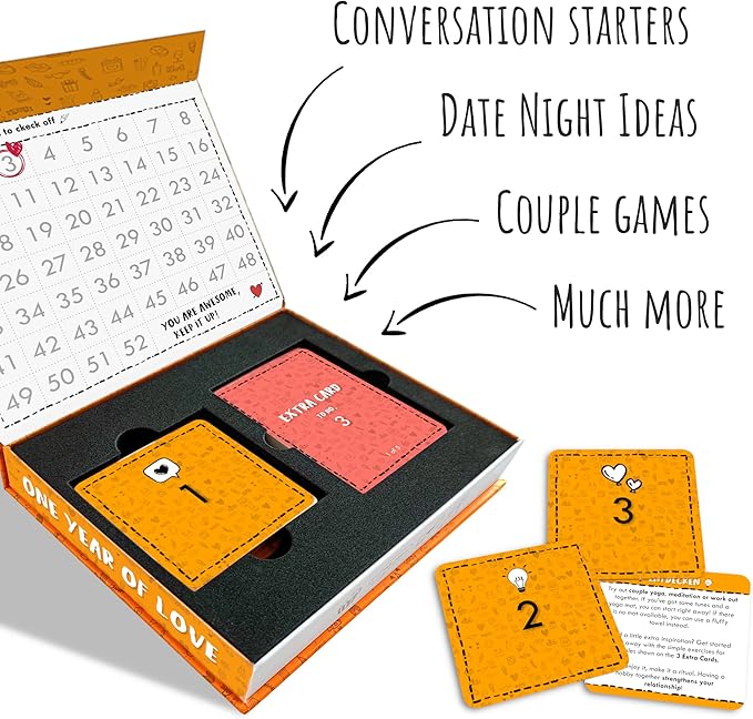 Weekly Date Night Ideas for Couples – Fun & Romantic Gift for Wedding Anniversaries, Valentine’s Day & More – For Husband, Wife, Brides & Bachelorettes – (with Wedding Card)