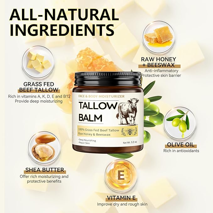 Veakoo Beef Tallow for Skin, 2 Pcs Grass Fed Tallow and Honey Balm, Organic Tallow Face Moisturizer, Natural Moisturizing Cream for Women Men, Body Butter, Nourish and Soothe Dry Skin