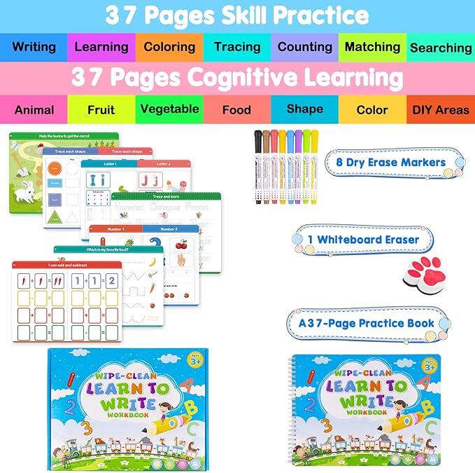 4 Year Old Boy Birthday Gift - Kindergarten Books for Kid - Toy for 4 5 6 7 Year Old Boys Girl - Handwriting Practice Workbook, Educational ABC Tracing Book with Reusable Activity, Montessori Learning