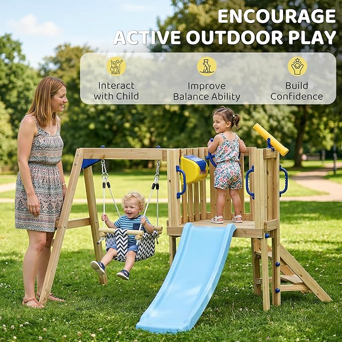 Outsunny Swing Set for Backyard, Wooden Toddler Outdoor Playset with Baby Swing Seat, Kids Slide, Fort, Playground Equipment with Captain's Wheel, Telescope for Ages 1.5-4, Natural