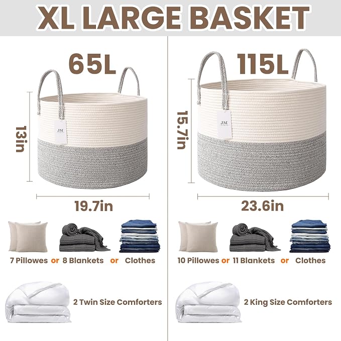 JMvicyroam 65L Extra Large Machine Washable Cotton Rope Blanket Basket | Collapsible laundry hamper, Reinforced handles, For blankets, pillows, toys and clothes, Living room and bedroom, White&Grey
