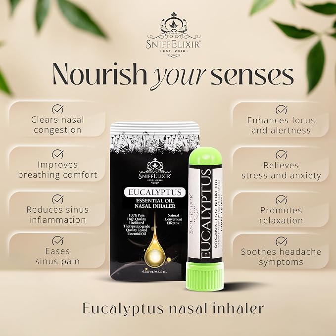 Eucalyptus Essential Oil Aromatherapy Nasal Stick Vapor Inhaler - Allergy Relief, USA Made with Organic Essential Oils, Natural Breathe Easy Support