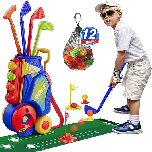 Toddler Golf Set 2-4 Years, Upgraded Kids Plastic Golf Clubs with 12 Balls, Putting Mat, Shoulder Strap, Indoor Outdoor Game Sport Toys Gift for Baby Boys Girls Age 3-5, Blue