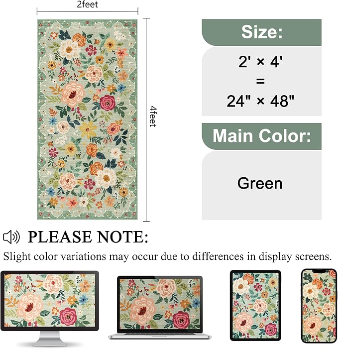 DUKINO 2x4 Entryway Rug, Floral Washable Kitchen Rugs Non Slip, Green | Low Pile, Soft Indoor Runner Rug for Hallway, Bedroom, Bathroom, Laundry, Pet Friendly, Modern Home Decor, Stain Resistant
