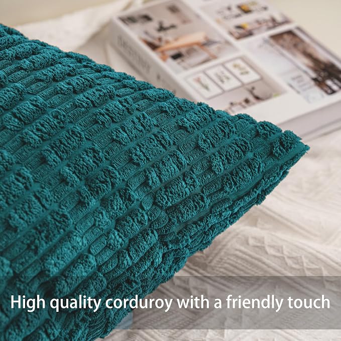 Pack of 2 Corduroy Decorative Throw Pillow Covers 18x18 Inch, Turquoise | Fall Soft Striped Pillow Covers Modern Farmhouse Home Decor Christmas Throw Pillow Covers for Sofa Living Room Couch Bed