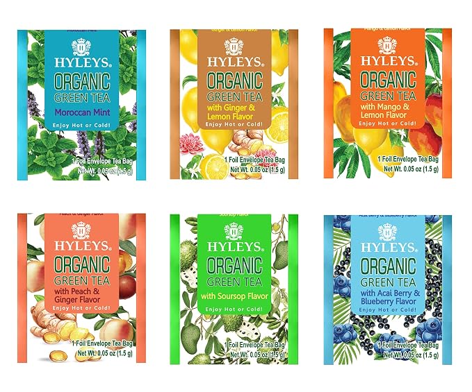 HYLEYS Organic Green Tea, With 7 Assorted Flavors 84 Individually Wrapped Tea Bags - Includes Soursop, Blueberry, Moroccan Mint and More - USDA Organic - Kosher & Vegan