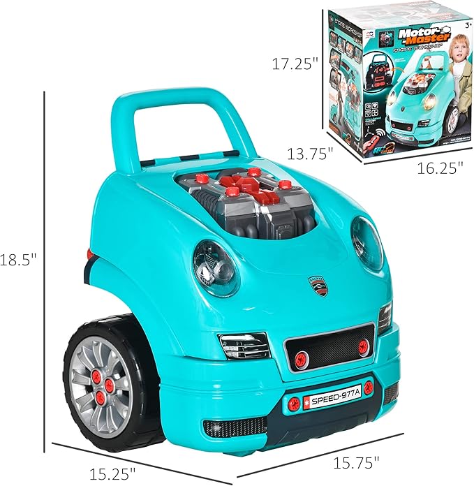 Qaba Truck Engine Toy, Kids Mechanic Set with Lights, Sounds, Steering Wheel and Horn, Pretend Car Service Station Play with 61-Piece Included, Toy Engine Building Kit for Kids Aged 3+, Blue